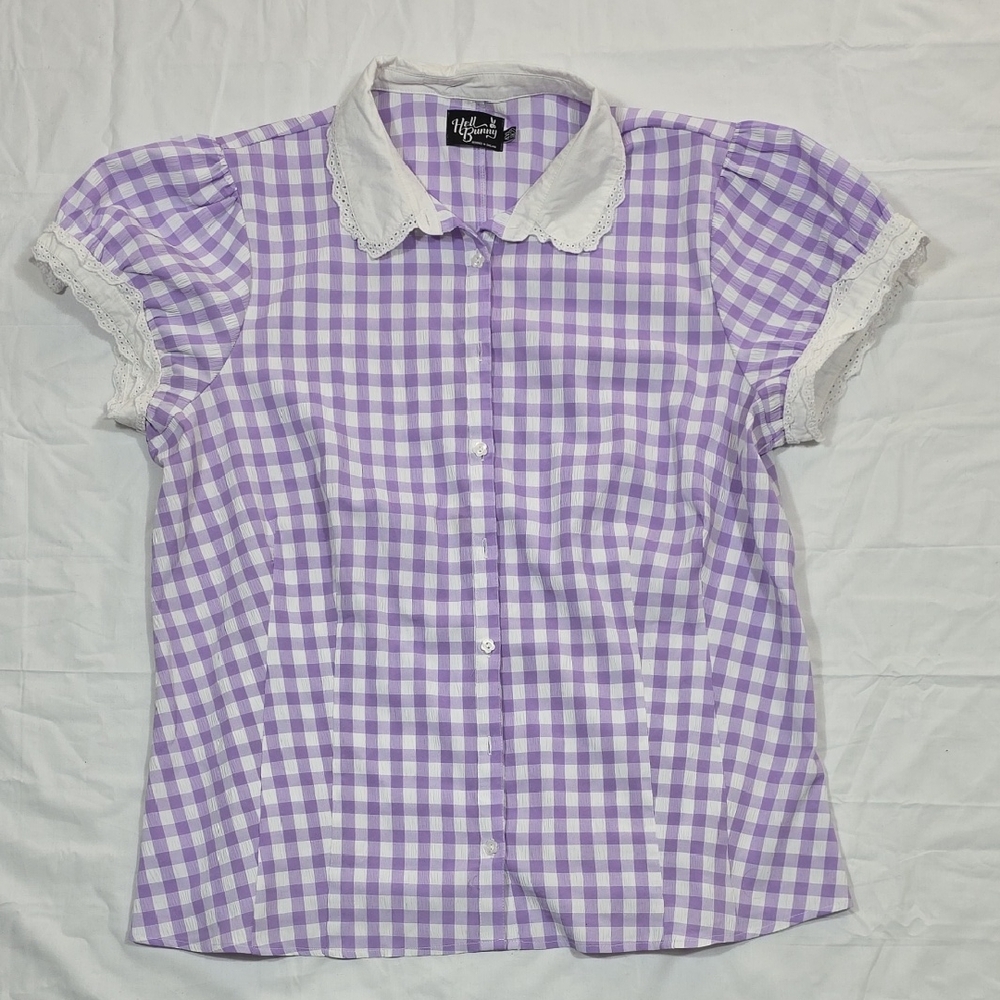 Hell Bunny Lavender and White Gingham Puff Sleeve Blouse